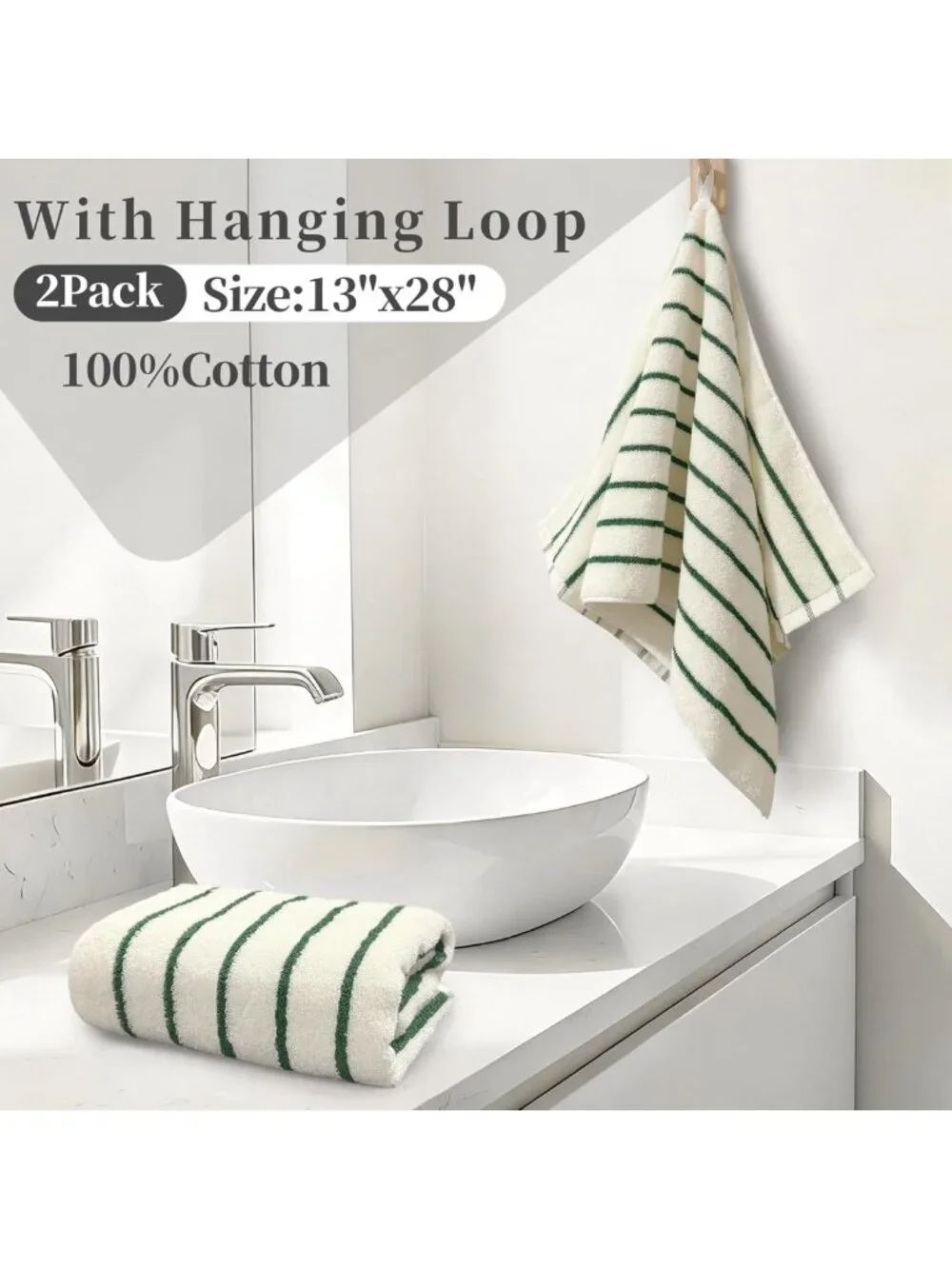 Set of 2 Green Stripe Cotton Hand Towels - Ultra Absorbent, Soft & Durable 13x28